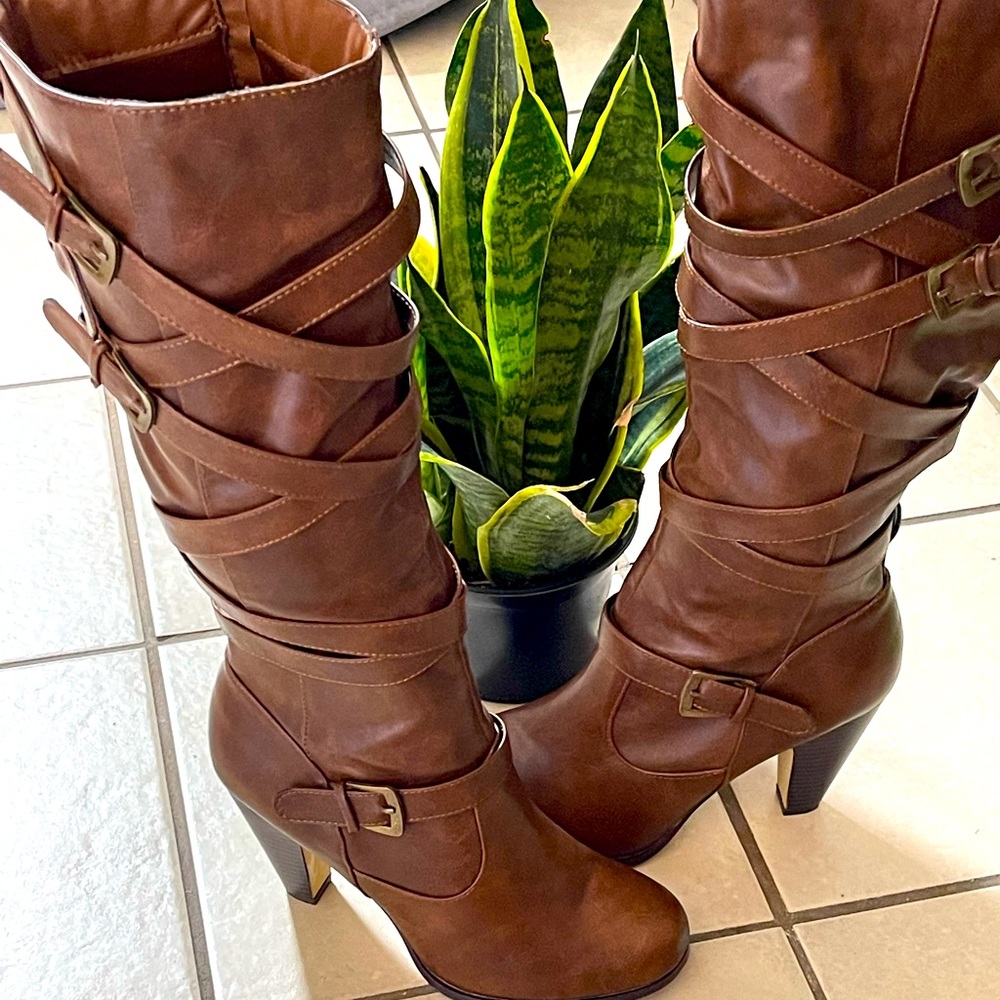 Brown thigh high heel boots